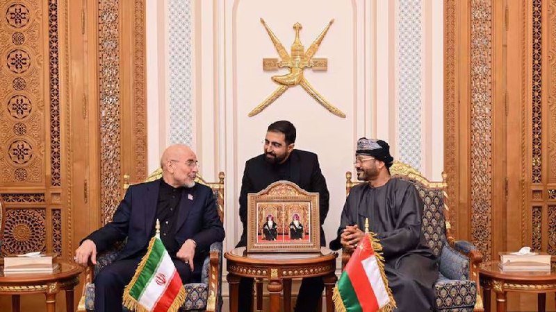 Three men in formal attire sit together in an ornately decorated room with a national emblem on the wall, with Iranian and Omani flags placed on a table before them.