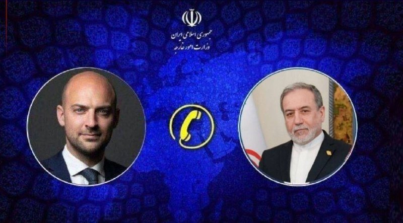 Graphic illustration showing two circular portraits of men in suits separated by a phone icon, with Persian text and an emblem over a blue patterned background.