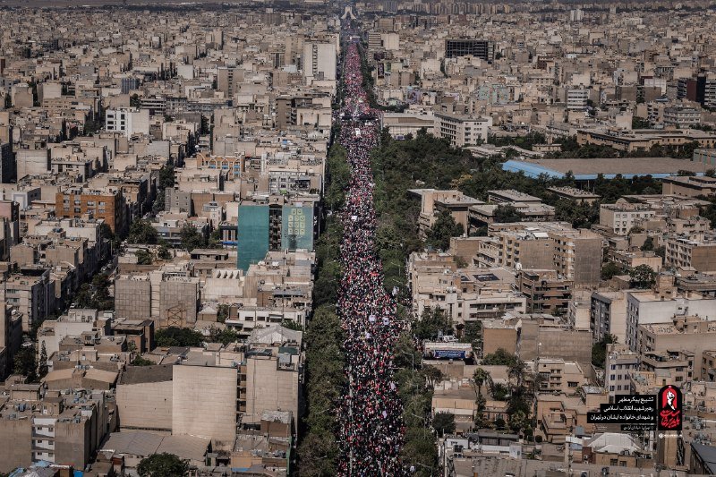 A massive crowd fills a wide, tree-lined avenue cutting through a densely built urban landscape of mid-rise buildings, viewed from high above.