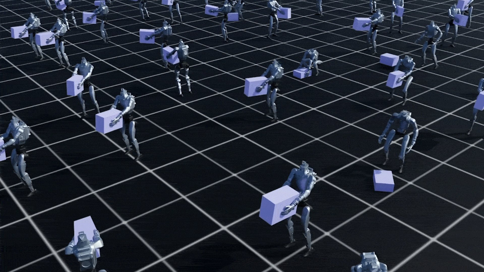 A computer-generated illustration shows numerous humanoid robots on a dark gridded surface, each carrying or placing light purple boxes.