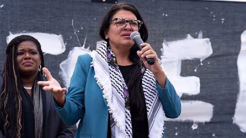 A woman wearing glasses and a black-and-white keffiyeh scarf speaks into a microphone while gesturing, with another woman standing beside her against a black banner.