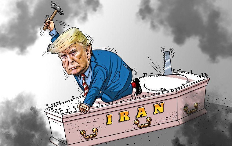 Political cartoon illustration depicting a blonde-haired man in a blue suit raising a hammer over an open coffin labeled "IRAN," with gray smoke in the background.
