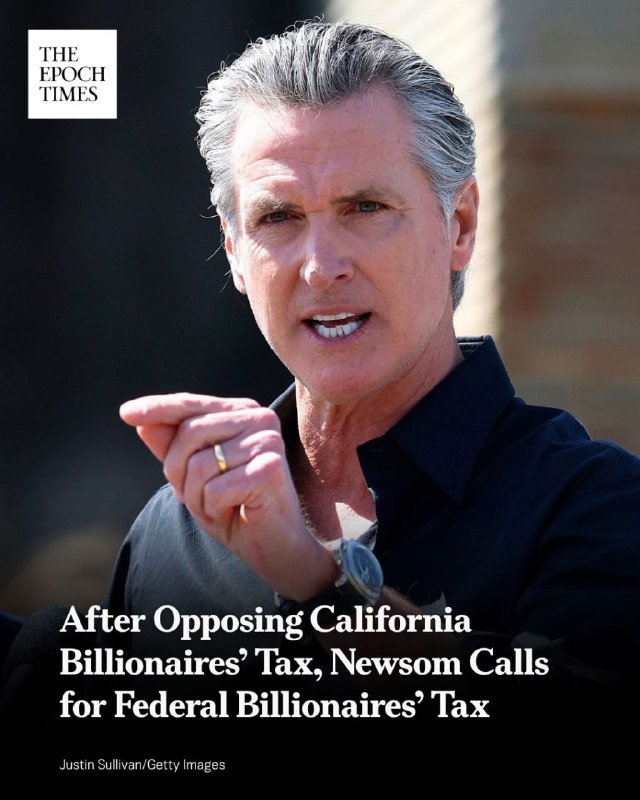 A gray-haired man in a black shirt points forward while speaking, with "The Epoch Times" logo and a headline about a billionaires' tax displayed.