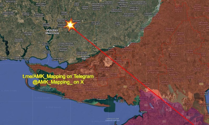 A satellite map shows a red trajectory line ending in an explosion icon near Mykolaiv, with yellow text reading "t.me/AMK_Mapping on Telegram @AMK_Mapping_on X."