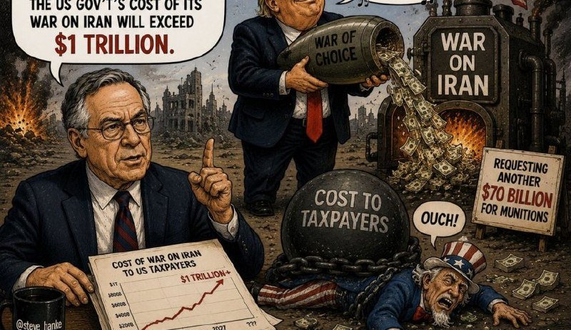 A political illustration depicts a man pouring a "War of Choice" bomb into a furnace labeled "War on Iran," while another man points upward beside a rising cost graph.