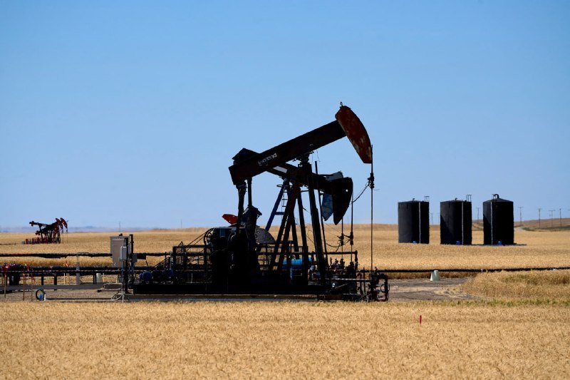 A pumpjack operates in a golden field under a clear blue sky, with three black storage tanks visible in the distance.