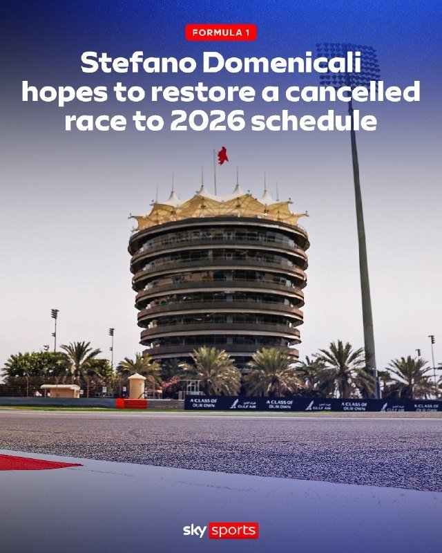 The image is a graphic featuring text reading "Stefano Domenicali hopes to restore a cancelled race to 2026 schedule" overlaid on a photograph of a circular race track tower building.