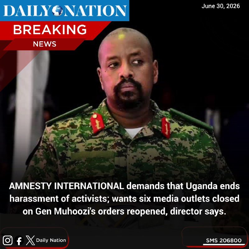 A "Daily Nation" breaking news graphic dated June 30, 2026, shows a man in UPDF military uniform with red insignia, above a caption about Amnesty International's demands.