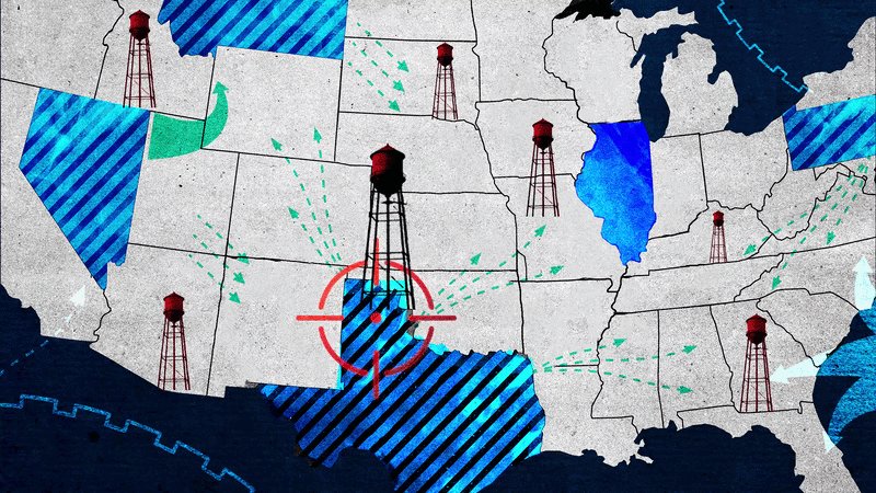 A graphic illustration shows a map of the central and eastern United States featuring red water towers, green directional arrows, and a central targeting reticle over a blue-striped state.