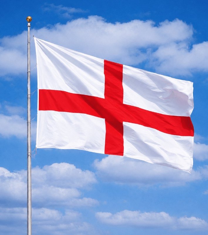 The flag of England—a white banner with a red cross—waves from a flagpole against a blue sky with scattered clouds.