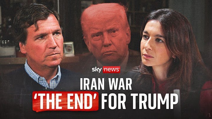 Sky News graphic featuring three people against a dark background, with a red-tinted man in the center, and overlaid text reading "IRAN WAR 'THE END' FOR TRUMP."