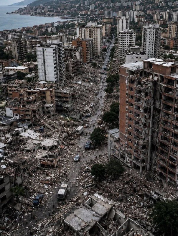 A coastal city shows widespread destruction, with collapsed multi-story buildings, debris-filled streets, vehicles, and distant intact high-rises along a shoreline.
