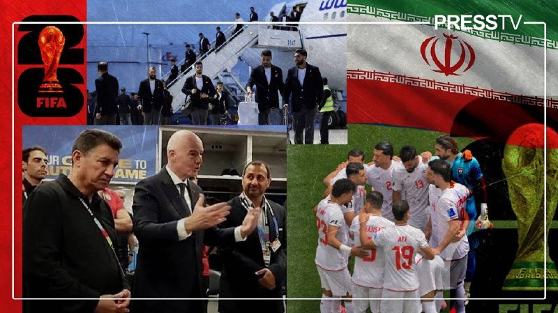 A Press TV graphic featuring a 2023 FIFA World Cup logo, an Iranian flag, and three photos: officials descending an airplane stairs, men in suits conversing, and soccer players huddling.