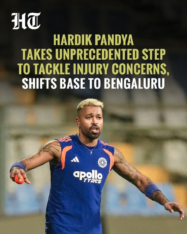 A graphic displays a cricketer in a blue India jersey with "Apollo Tyres" branding, overlaid with text reading "Hardik Pandya takes unprecedented step to tackle injury concerns, shifts base to Bengaluru."