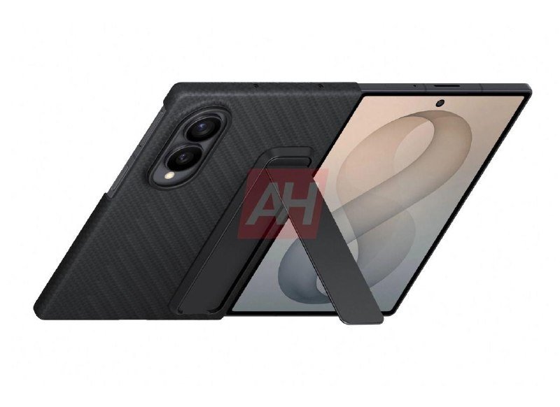 A black tablet in a textured folio case with a rear kickstand is displayed against a white background, featuring dual rear cameras and a front-facing camera.