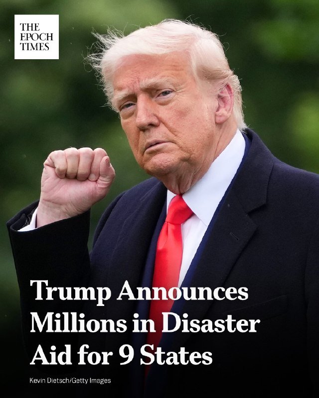 A man with blonde hair wearing a dark suit and red tie raises a clenched fist, with "The Epoch Times" logo in the corner and a headline about disaster aid below.