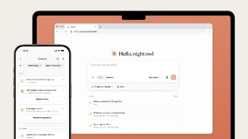A smartphone and laptop display the "Hello, night owl" AI assistant interface, featuring task options like email drafting and meeting notes.