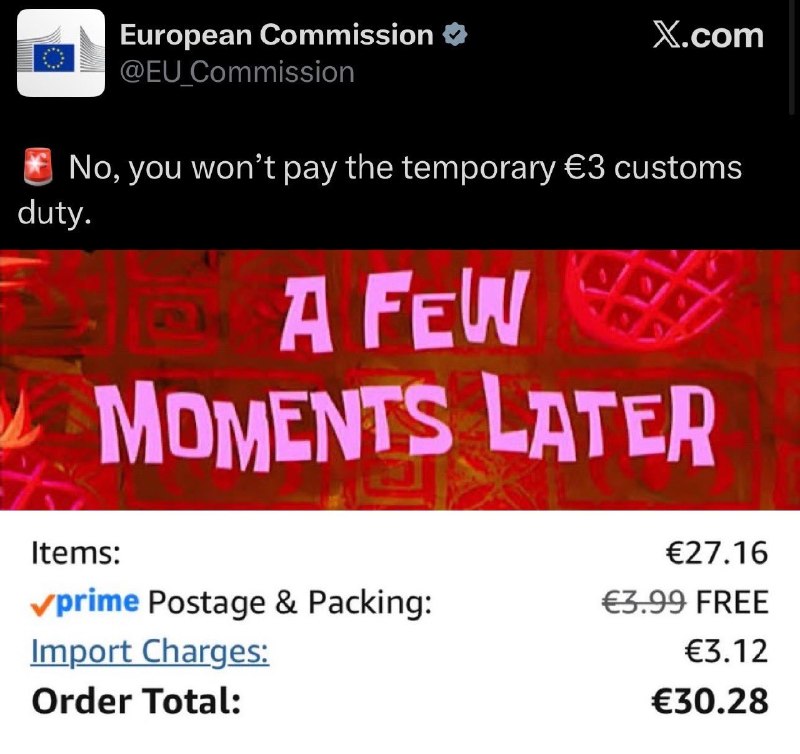 A screen-grab circulating on Telegram on 1 July 2026 pairing a 2025 von der Leyen tariff critique with a 2026 EU regulatory package.