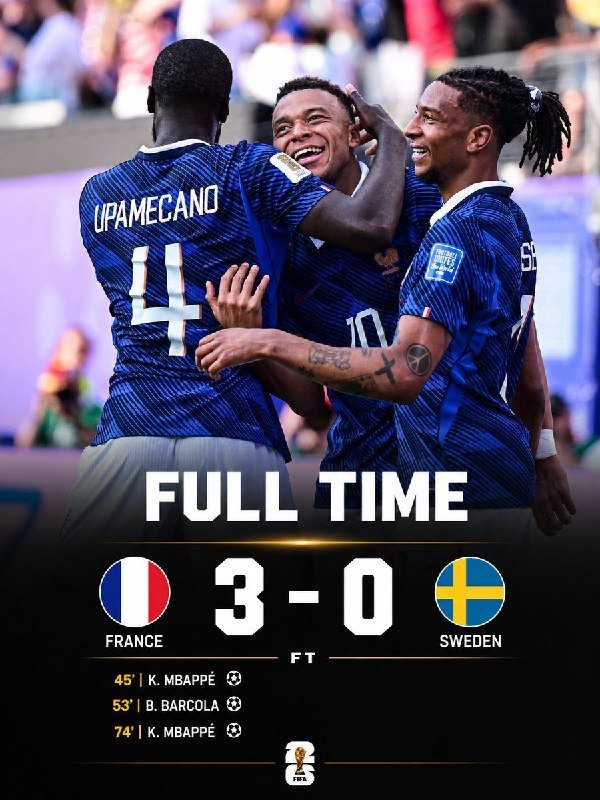 Three soccer players in blue French national team jerseys celebrate together after a match, with a graphic showing the full-time score: France 3-0 Sweden.