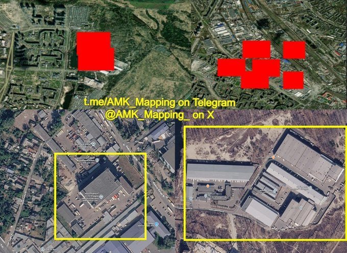Satellite imagery shows an industrial area highlighted by yellow boxes, with red squares overlaid above and the text "t.me/AMK_Mapping on Telegram / @AMK_Mapping_on X."
