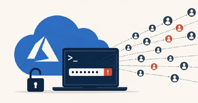 A digital illustration shows a cloud with a Microsoft Azure logo, a locked laptop displaying a login screen with an alert, and multiple user icons connected by dotted lines.