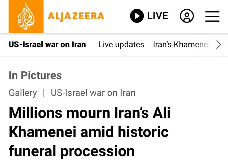 Al Jazeera webpage displays a headline: "Millions mourn Iran's Ali Khamenei amid historic funeral procession," under an "In Pictures" gallery tagged "US-Israel war on Iran."