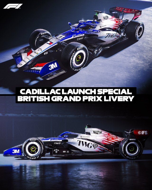A promotional graphic displays two angles of a Cadillac Formula 1 race car featuring red, white, and blue livery with IWG and 3M branding.
