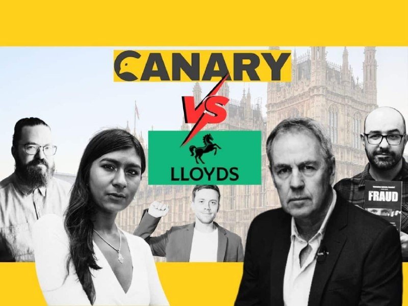 A promotional graphic features five people posed in front of a Gothic-style parliamentary building, with "CANARY VS Lloyds" text and logos displayed prominently above.
