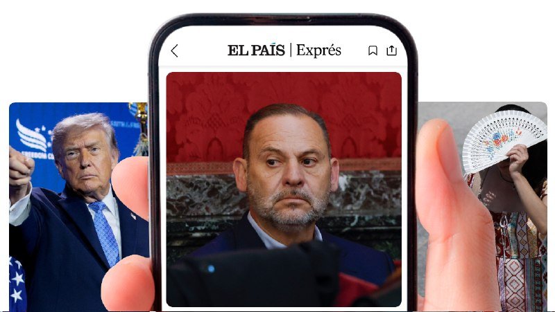 A smartphone displays an "EL PAÍS | Exprés" news article featuring a bearded man in a suit, flanked by partial images of a pointing man and a person with a fan.