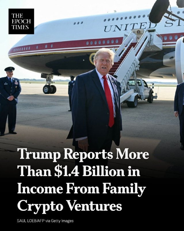 Photo caption: "Trump in dark suit with red tie stands on tarmac near Air Force One staircase, beside uniformed personnel."