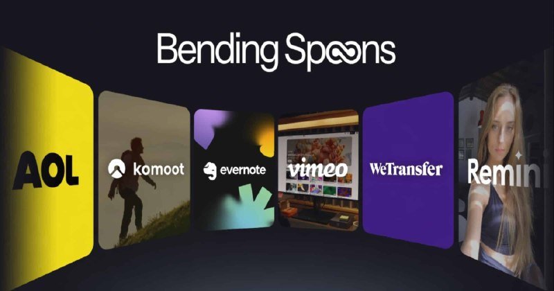 Graphic displaying the text "Bending Spoons" above app icons including AOL, komoot, evernote, vimeo, WeTransfer, and Remini.