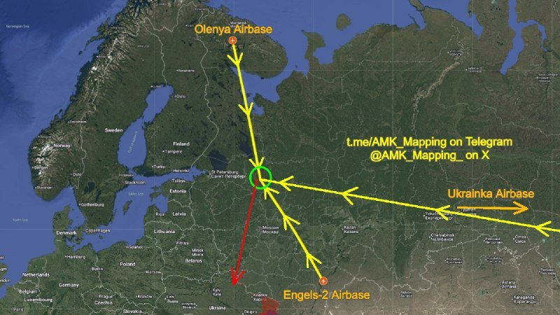 Satellite map graphic showing yellow arrows converging toward a green circle near St. Petersburg, originating from labeled airbases Olenya, Ukrainka, and Engels-2, with one red arrow pointing south into Ukraine.
