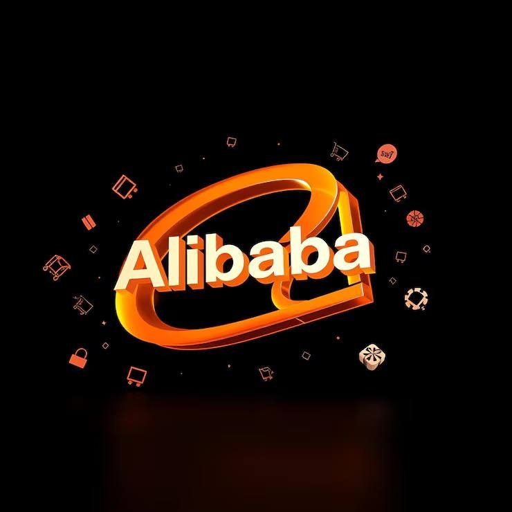 A digital graphic displays a 3D orange "Alibaba" logo encircled by small glowing icons of shopping carts, devices, and chat bubbles on a black background.