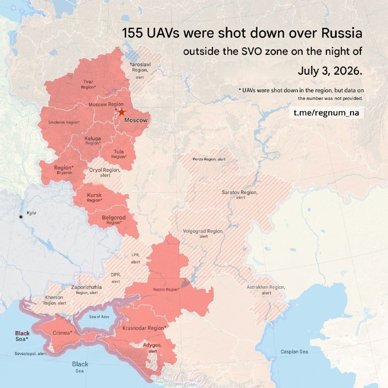 A map graphic titled "155 UAVs were shot down over Russia outside the SVO zone on the night of July 3, 2026," highlighting various Russian regions in red, many marked as "alert" or with asterisks.
