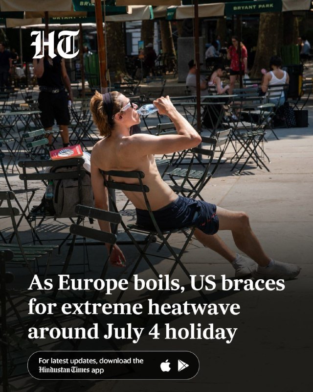A shirtless man pours water over his face while seated at outdoor tables beneath umbrellas labeled "Bryant Park."