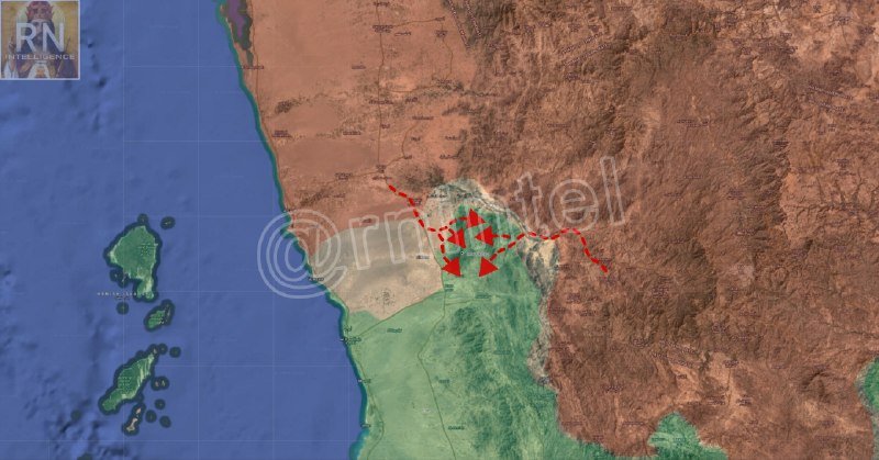 Satellite map graphic showing a coastal region with green island clusters, overlaid with red arrows and dashed lines indicating movement toward a highlighted central area.