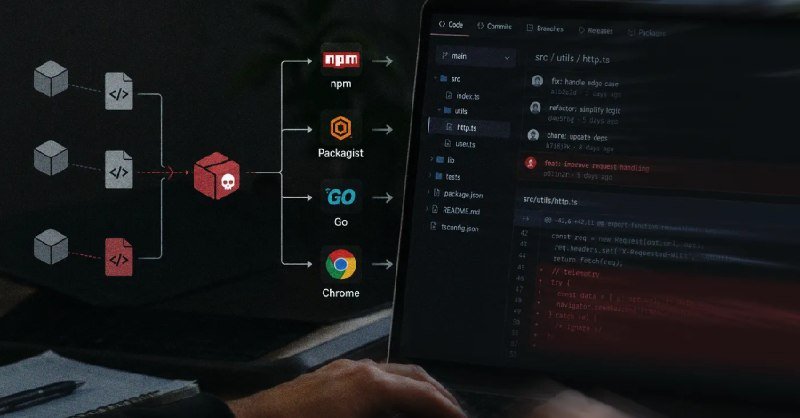 A laptop screen displays code and a file directory alongside a graphic showing software tools—npm, Packagist, Go, and Chrome—connected to code modules.