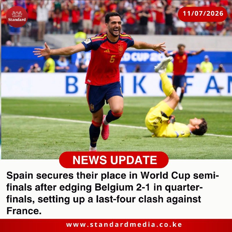 A graphic illustration shows a soccer player in a red Spain jersey celebrating with outstretched arms while a yellow-clad player lies on the pitch.