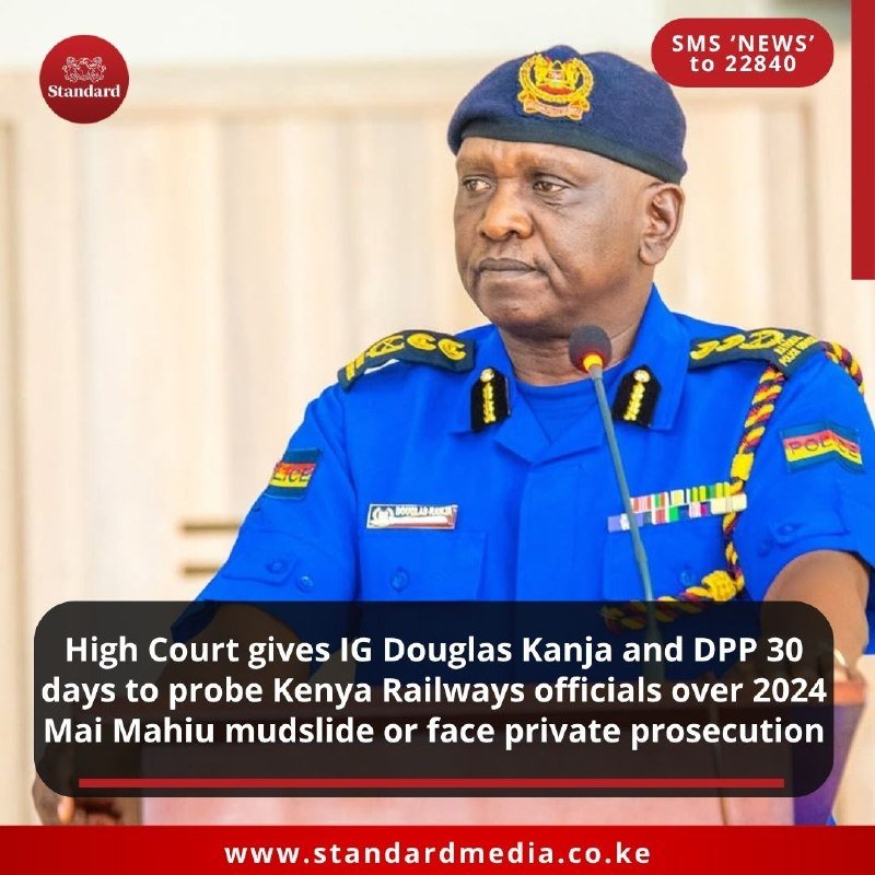 A man in a blue police uniform with insignia and a beret speaks into a microphone, with a news caption overlay from Standard Media.