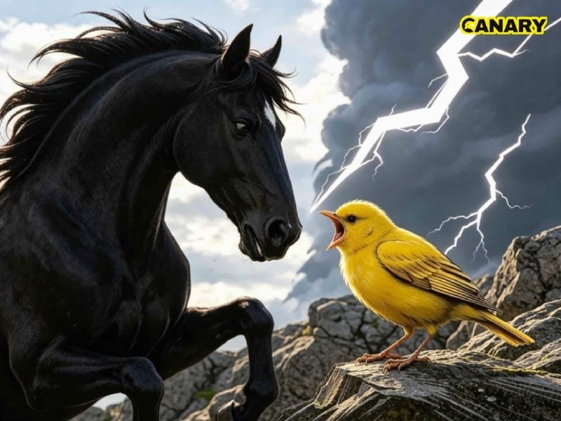 A digital illustration depicts a black horse rearing opposite a small yellow bird with an open beak, set against stormy skies with lightning, with the word "CANARY" in the corner.