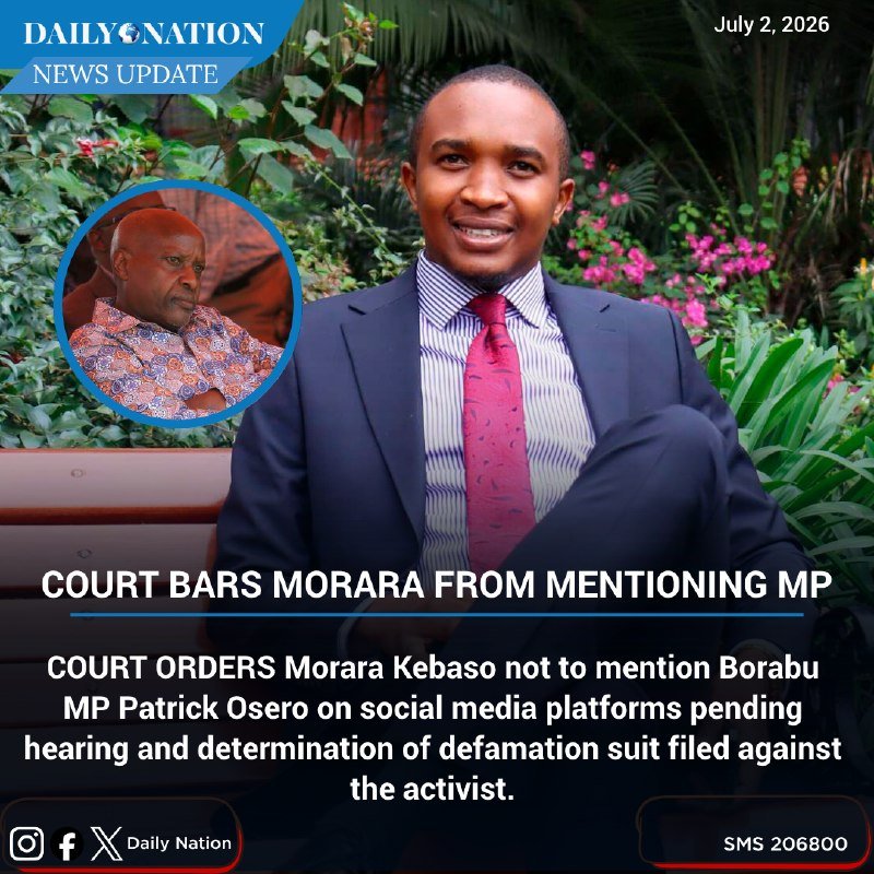 A smiling man in a dark suit and magenta tie poses outdoors against flowering foliage, with a smaller inset photo of another man and a "Daily Nation News Update" headline reading "COURT BARS MORARA FROM MENTIONING MP."