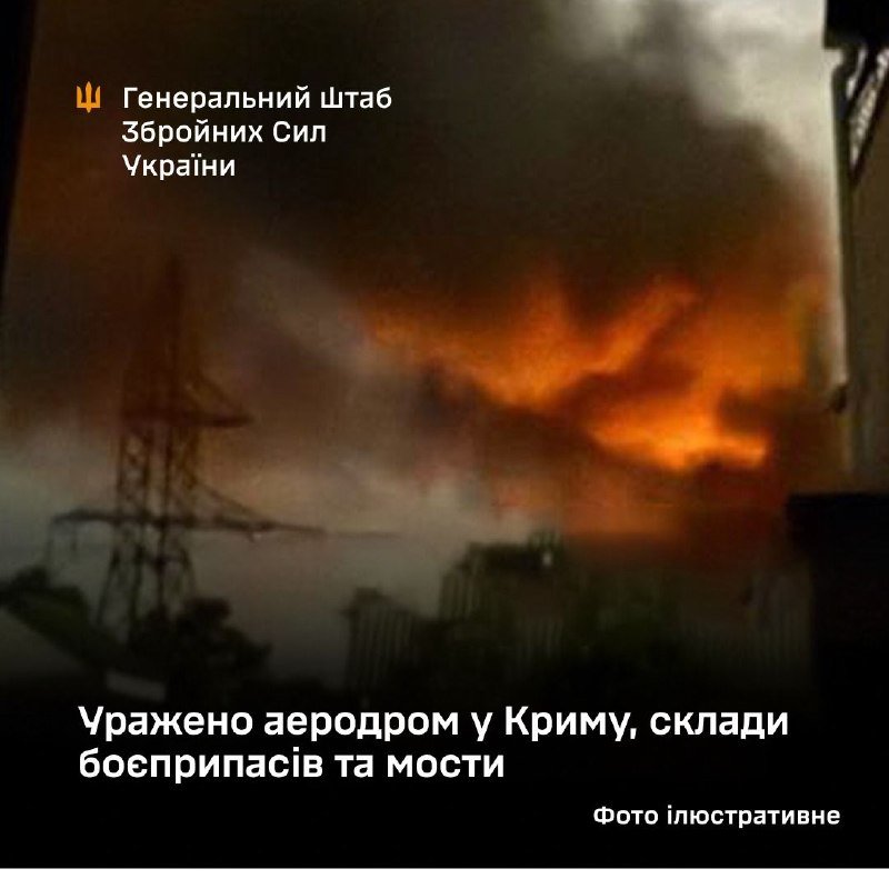 A large fire burns amid industrial structures and power lines at night, with Ukrainian text reading "General Staff of the Armed Forces of Ukraine" and a caption stating an airfield, ammunition depots, and bridges were struck in Crimea.