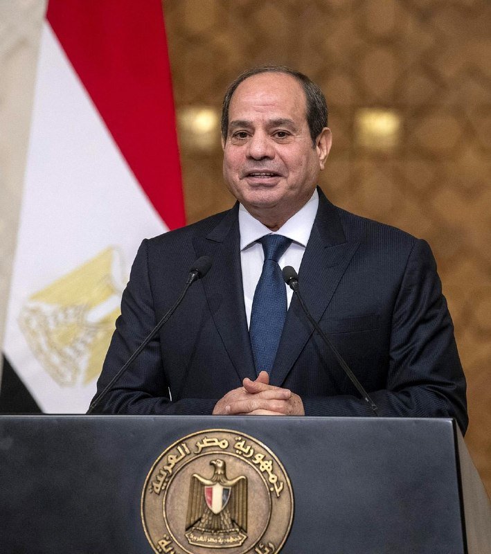 A man in a dark suit speaks at a podium bearing the Egyptian presidential emblem, with an Egyptian flag visible in the background.