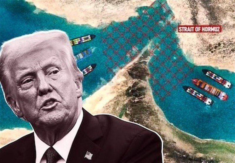 An illustration shows a man's cutout portrait overlaid on a satellite map labeled "Strait of Hormuz," depicting cargo ships and patterned overlay in the waterway.