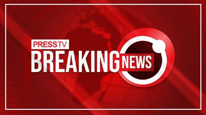 Press TV "Breaking News" graphic displayed on a red background featuring a faint world map silhouette.