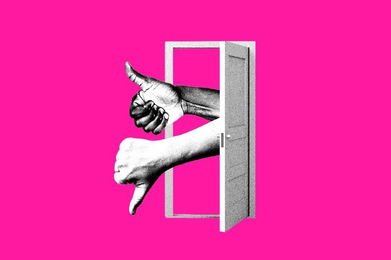A black-and-white illustrated door stands open against a bright pink background, with one thumbs-up hand and one thumbs-down hand extending from opposite sides.