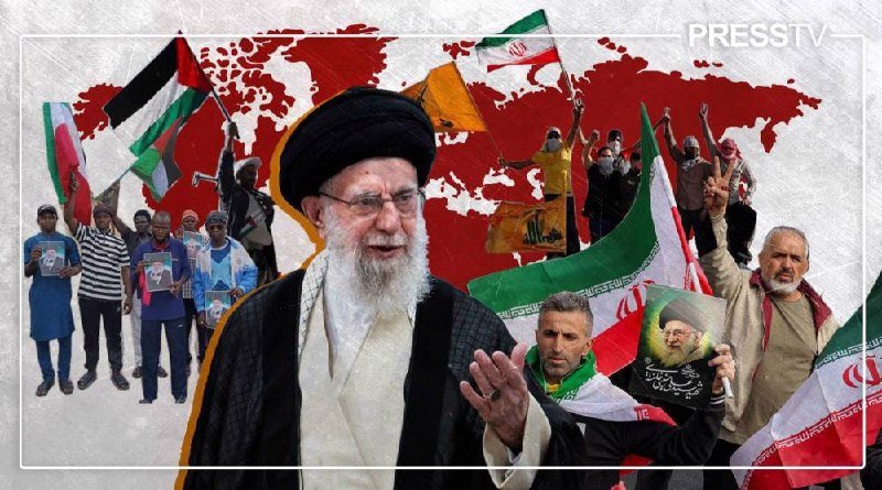 A digital illustration shows a bearded cleric in black robes and turban speaking, surrounded by crowds waving Palestinian, Iranian, and yellow flags against a red world map backdrop, marked "PRESS TV."