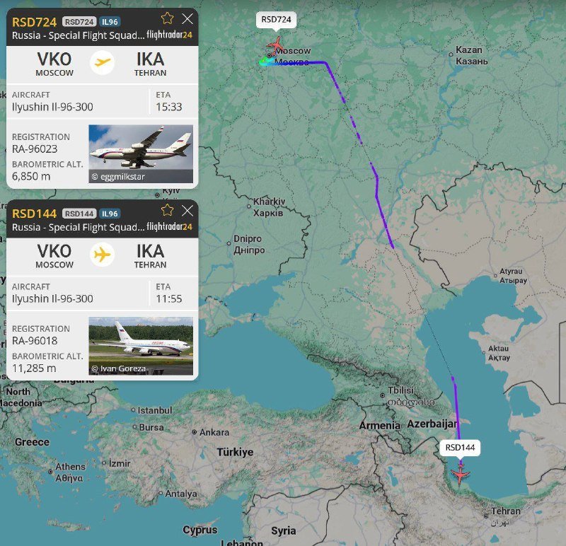 A flight-tracking map displays two Ilyushin Il-96-300 aircraft flying routes from Moscow toward Iran over the Black Sea region, with on-screen panels showing flight IDs RSD724 and RSD144.
