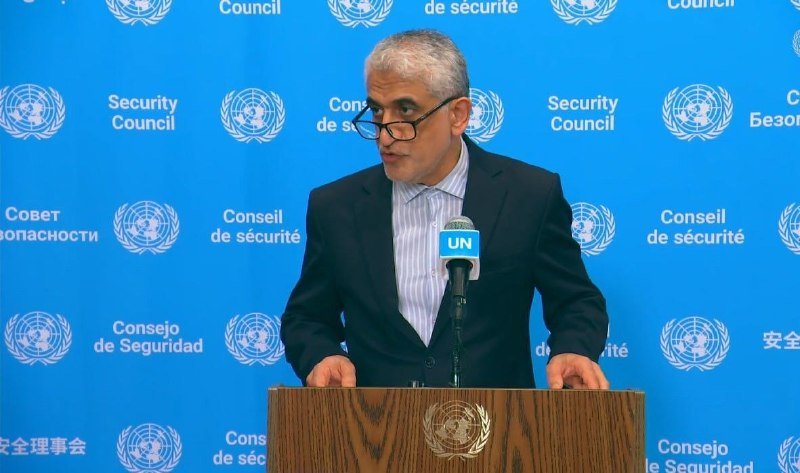 A gray-haired man in a dark suit speaks at a UN podium against a backdrop displaying the UN Security Council emblem in multiple languages.