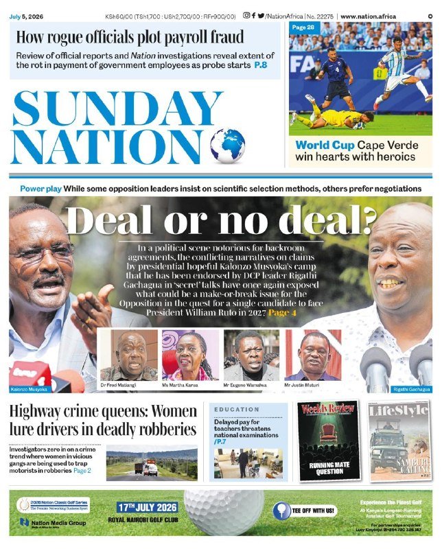 A newspaper front page for "Sunday Nation" dated July 5, 2026, featuring the headline "Deal or no deal?" alongside photos of two men speaking into microphones and four smaller portraits.